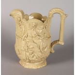 A LARGE JUG with moulded body, classical figures and cupids. 8.5ins high.