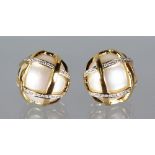 A GOOD PAIR OF 18CT WHITE GOLD CULTURED PEARL STUDS surrounded by a diamond cage of 1ct.