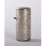 A SAMPSON MORDAN SILVER CYLINDRICAL SCENT BOTTLE with hinged cap, the body engraved with birds and