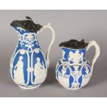 AN INTERNATIONAL BLUE AND WHITE JUG with pewter cover, 8.5ins high, and AN ALBION OF CAMBRIDGE