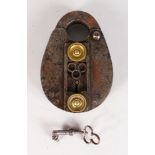 A GOOD HEAVY 17TH CENTURY POLISHED STEEL LOCK, with small key with cloverleaf handle. 6.5ins long,