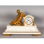 A 19TH CENTURY GILT BRONZE AND MARBLE MANTLE CLOCK, white enamel dial, blue enamel numerals with a