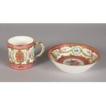 A VERY GOOD 18TH CENTURY SEVRES CUP AND SAUCER, rose pompadour ground, painted with garlands of