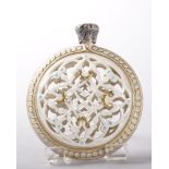 A GRAINGER & CO WORCESTER CIRCULAR RETICULATED PORCELAIN PERFUME BOTTLE, 8cms diameter, Circa. 1880,