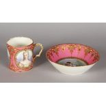 A SUPERB 18TH CENTURY SEVRES CUP AND SAUCER, rose pompadour ground, edged in gilt with white heads