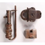 A SMALL 17TH CENTURY IRON LOCK, 3ins, and TWO OTHERS.