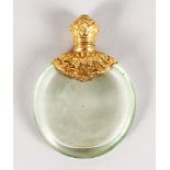 A CRYSTAL GOLD MOUNTED SCENT BOTTLE. 6cms long.