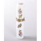 A SUPERB 18TH CENTURY MEISSEN PORCELAIN CYLINDRICAL SCENT BOTTLE CASE, the white ground with scrolls
