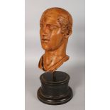 A TERRACOTTA ROMAN HEAD on a wooden base. 18ins high.