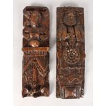 A PAIR OF ELIZABETHAN CARVED WOOD PANELS. 13ins long, 3.5ins wide.