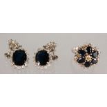 A VERY GOOD PAIR OF 18CT WHITE GOLD, DIAMOND AND SAPPHIRE SET EARRINGS AND A RING.
