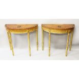 A SUPERB PAIR OF ADAM DESIGN SATINWOOD AND GILDED HALF MOON CONSOLE TABLES, the tops inlaid and