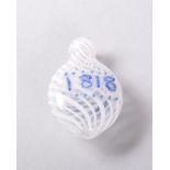 A MINIATURE NAILSEA GLASS WHITE STRIPED PERFUME BOTTLE with date and initials in blue AC 1818. 3.