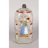 AN 18TH CENTURY DUTCH FLASK painted in enamel with a young lady holding a heart, also panels of