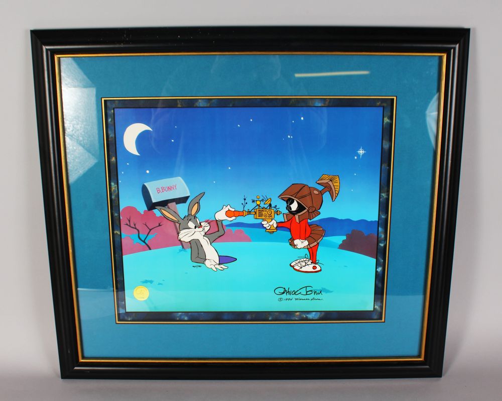 A HAND-PAINTED CHARACTER CEL, "BUGS BUNNY, AND MARVIN THE MARTIAN, PEACE AND CARROTS", WARNER BROS
