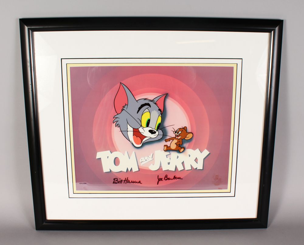 A HAND-PAINTED CHARACTER CEL, "TOM & JERRY LOCO", WARNER BROS, signed by BILL HANNA AND JOE BARBERS,