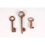 THREE VARIOUS 17TH CENTURY KEYS. 4.5ins, 2.5ins and 2ins.