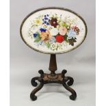 A 19TH CENTURY ROSEWOOD PEDESTAL TABLE, with later oval top, painted with flowers. 2ft 3ins wide x