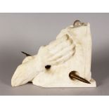 A 1920'S ITALIAN CARVED WHITE MARBLE HAND with a bronze arrow. Signed. 14ins long, 12ins high.