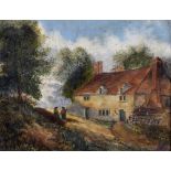 19th Century English School. A Landscape, with Figures by a Cottage, Oil on Canvas, 8" x 10".