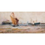 Thomas Bush Hardy (1842-1897) British. "Calais Harbour", with Various Ships, Watercolour, Signed,