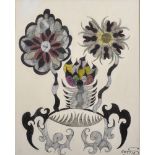 Scottie Wilson (1888-1972) British. Still Life of Flowers, Pen and Ink, Signed, 13" x 10.5".