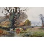 Henry Charles Fox (1860-1929) British. "Cattle Watering by a Haystack", Watercolour, Signed and