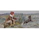 20th Century English School. Reader's Illustrated, A Young Boy playing in a Stream with a Dog,