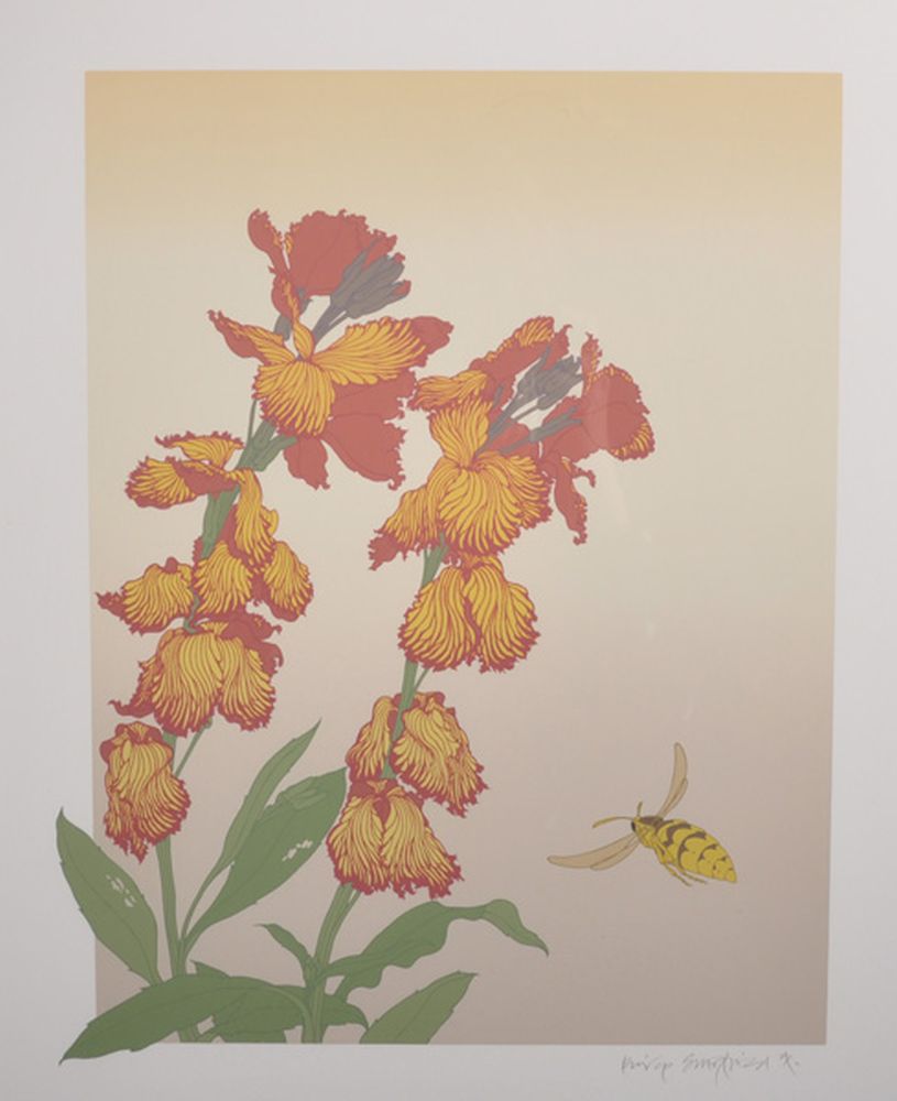 Philip Sheffield (1950 ) British. Irises with a Wasp, Screenprint, Signed in Pencil, 15.5" x 12",
