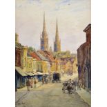 Herbert Edward Cox, (1870-1941) British. "The Spires from Bishop Street", A Street Scene in