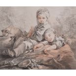 After Francois Boucher (1703-1770) French. Two Children at Rest, with a Dog, Engraved in Colour by