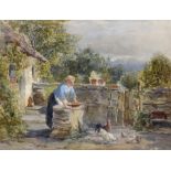 Frank William Warwick Topham (1838-1924) British. A Woman Feeding Chickens in a Courtyard,