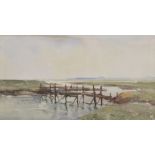 Jack Cox (1914-2007) British. Wooden Footbridge across the Marshes, Watercolour, Signed, 8" x 14.