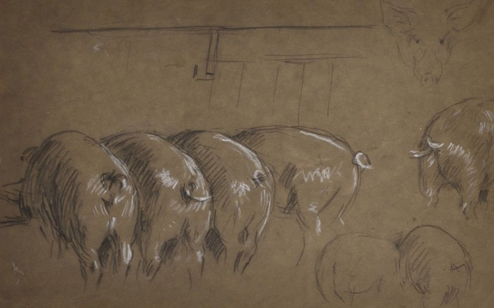 William Gunning King (1859-1940) British. Pigs at a Trough in a Barn, Pencil and Whiting, 9" x 14.