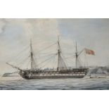 Thomas Buttersworth (1768-1842) British. Man of War off Mahon Harbour, Watercolour, Signed and Dated