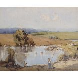 Mathew James MacNally (1874-1943) Australian. Fishermen at a Lake, Watercolour, Signed and Dated