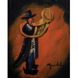 20th Century Spanish School. A Trumpeter, Oil on Board, Indistinctly Signed, 10" x 8".