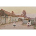 John White (1851-1933) British. Figures on a Country Lane with a Young Girl playing a Trumpet,