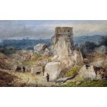 19th Century English School. Figures on a Path by a Battlement, Watercolour, Indistinctly Signed and