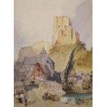 19th Century English School. Figures by a Bridge, with a Hill Top Ruin, Watercolour, 11.75" x 8.