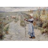 Circle of Jules Bastien-Lepage (1848-1884) French. "Rose", A Woman leaning on a Shepherd Crook on