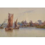 Gordon Arthur Meadows (1866-1937) British. A Thames Scene, A River Landscape with Boats at Anchor,