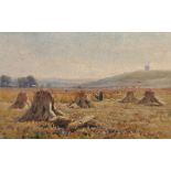 Vivian Rolt (1874-1933) British. Haymaking, Figures in a Field by Haystacks with a Windmill in the