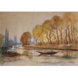 Jane Le Soudier (1885-1976) French. A River Landscape, with a Figure in a Boat, Mixed Media, Signed,