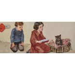 20th Century English School. Reader's Illustrated, A Young Girl feeding a Cat with a Boy watching,