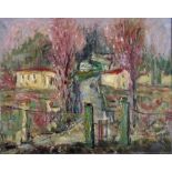 Arrigo Dreoni (1911-1987). Italian. A Landscape with a Gate leading up to some Houses, Oil on Board,
