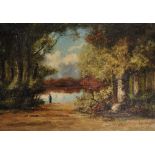 S... A... Mason (19th Century) British. Lake View with a Figure surrounded by Trees, Oil on