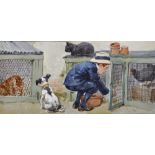 20th Century English School. Reader's Illustrated, A Boy feeding a Chicken, with a Dog and Cat