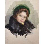 Vladislav Obukh (1928- ) Russian. Portrait of a Lady with a Fur Wrap and Green Hat, Watercolour,