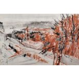 20th Century English School. A Tree Line Road, Crayon and Ink, 11" x 16.75".